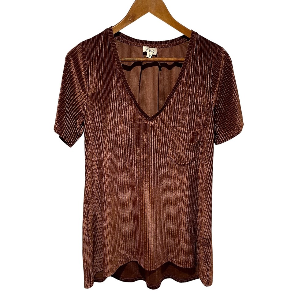 Grunge POL Shirt Womens Small Brown Crushed Velvet Pleated Short Sleeve Top